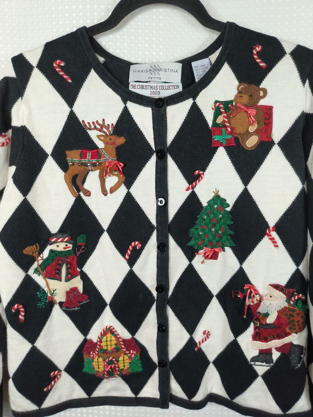 Marisa Christina Black & White Argyle Holiday Cardigan with Festive Appliques PM - Picture 2 of 7
